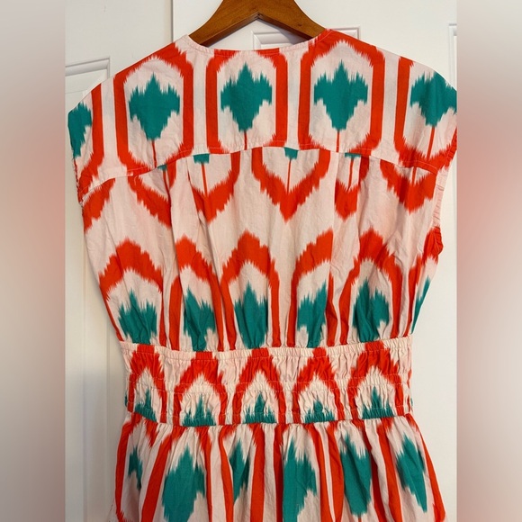 Oliphant Smocked Waist Mini Dress in Odisha Coral Print Women's Sz S Orange Teal - Picture 7 of 14